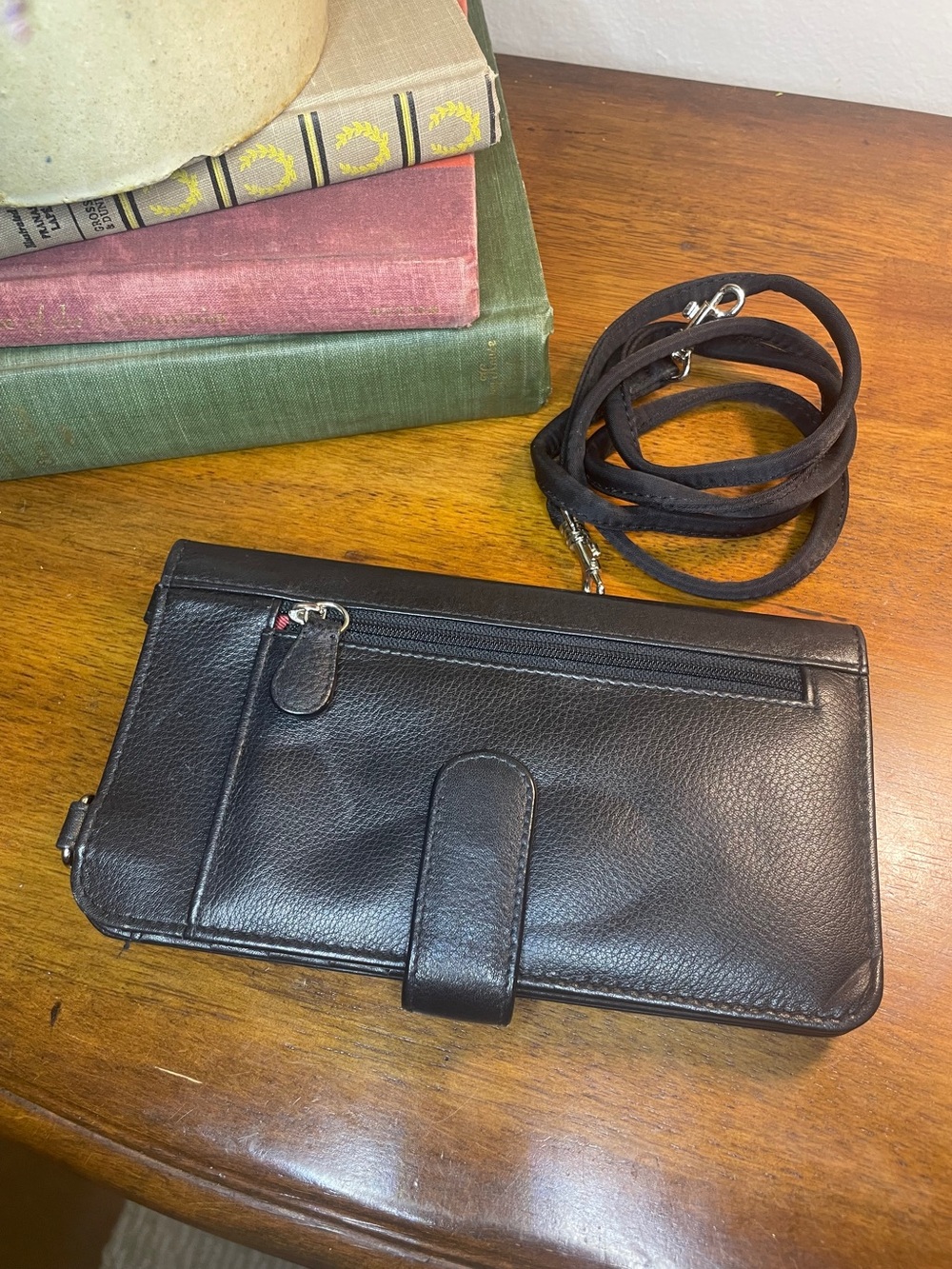 Black‎ Leather RFiD Blocking Crossbody Long Wallet - Unisex Travel Organizer